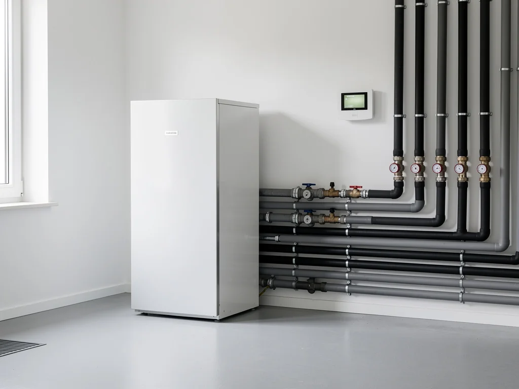 Unité intérieure de pompe à chaleur géothermique installée dans un local technique