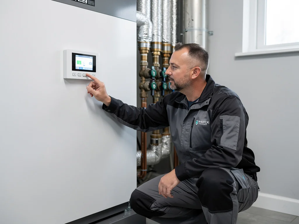 Technicien réglant le régulateur d'une pompe à chaleur géothermique sol/eau